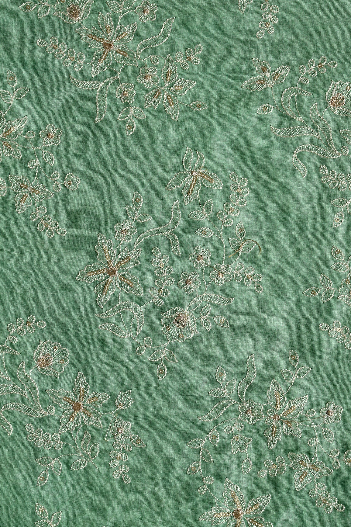 White Thread With Gold Sequins Floral Embroidery On Olive Pure Bamboo Silk Fabric - doeraa