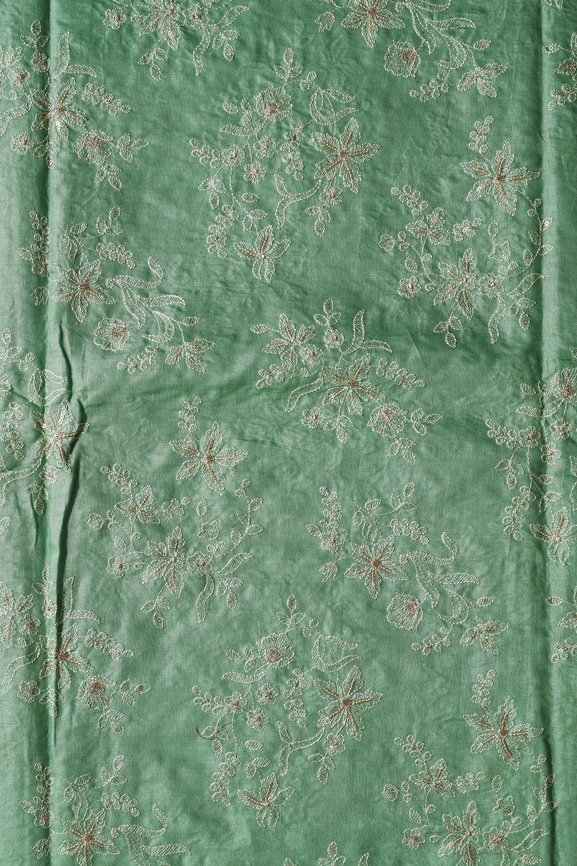 White Thread With Gold Sequins Floral Embroidery On Olive Pure Bamboo Silk Fabric - doeraa