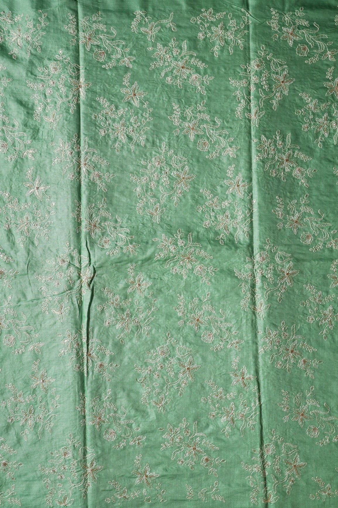 White Thread With Gold Sequins Floral Embroidery On Olive Pure Bamboo Silk Fabric - doeraa