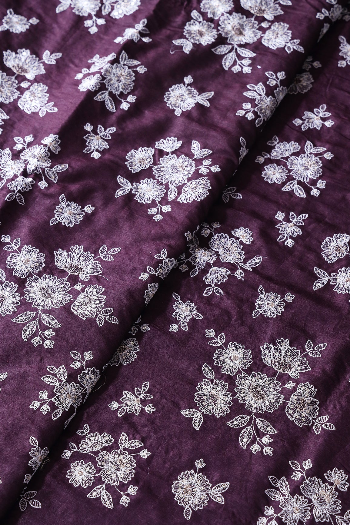 White Thread With Gold Sequins Floral Embroidery On Wine Pure Bamboo Silk Fabric - doeraa