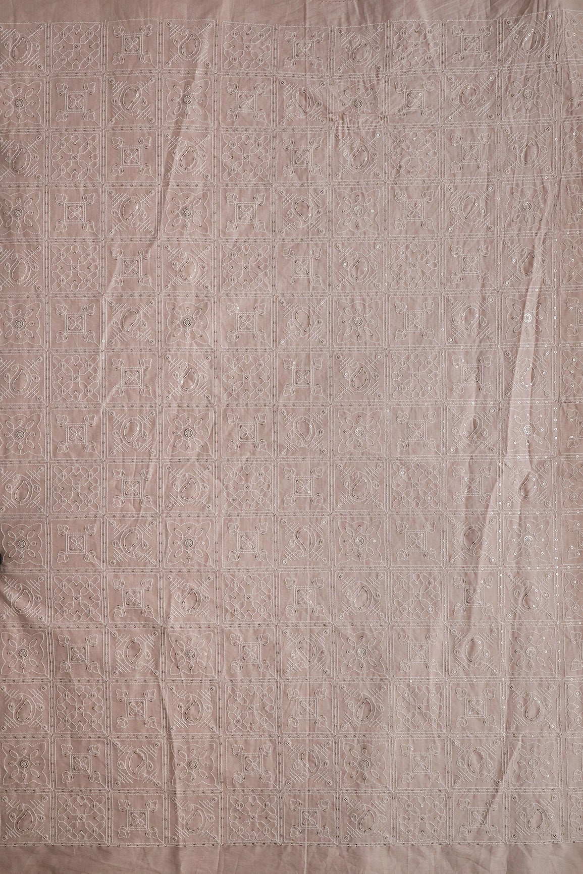 White Thread With Gold Sequins Geometric Embroidery Work On Beige Organic Cotton Fabric - doeraa