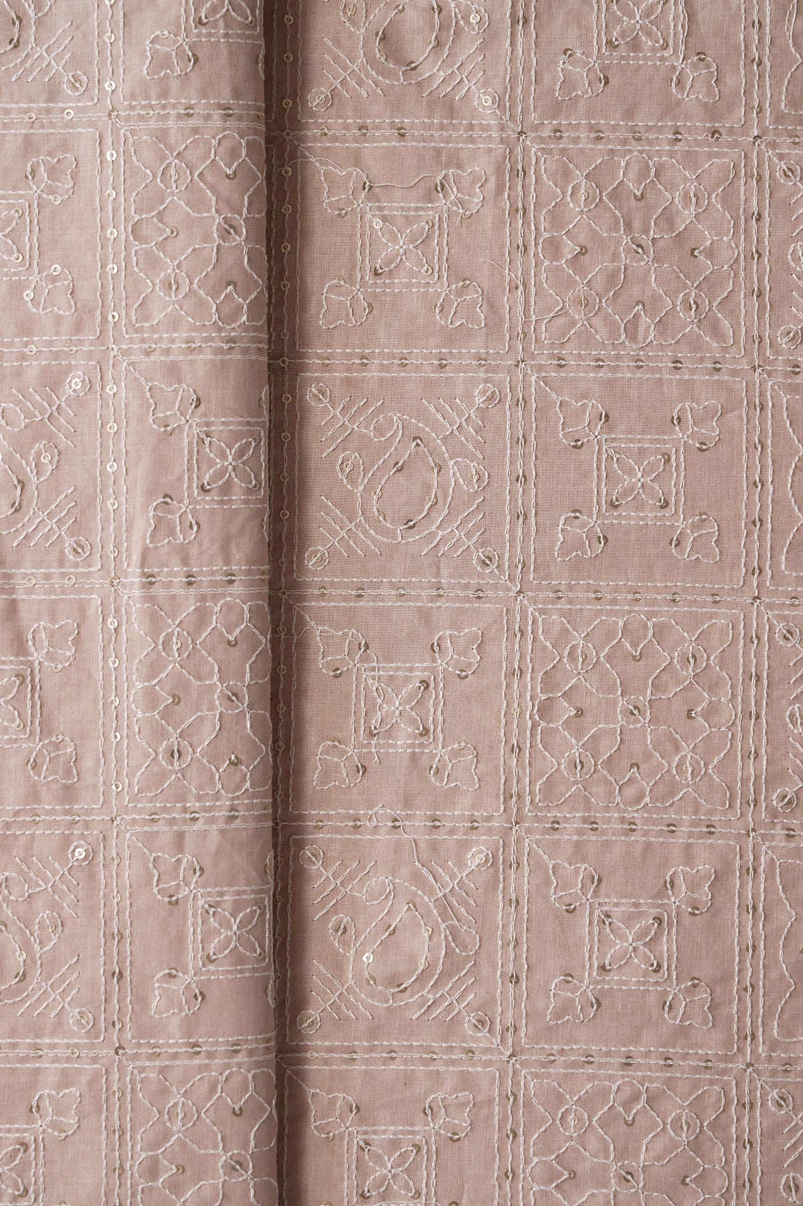 White Thread With Gold Sequins Geometric Embroidery Work On Beige Organic Cotton Fabric - doeraa