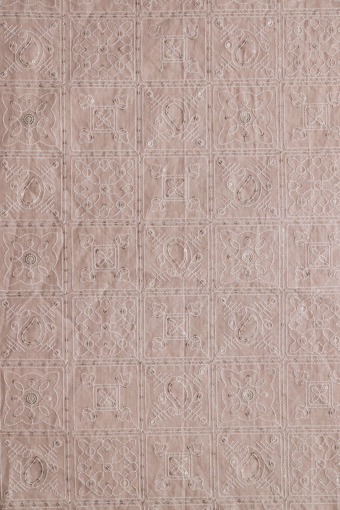 White Thread With Gold Sequins Geometric Embroidery Work On Beige Organic Cotton Fabric - doeraa