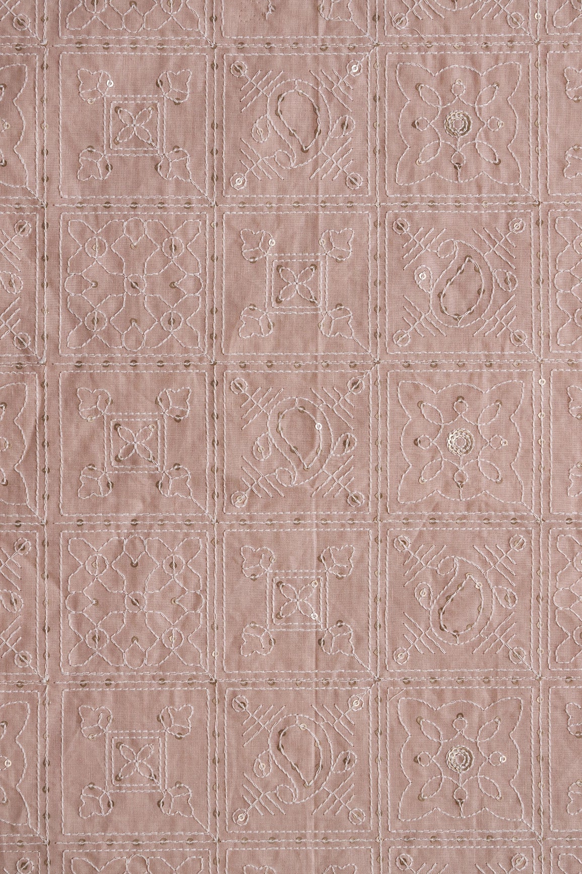 White Thread With Gold Sequins Geometric Embroidery Work On Beige Organic Cotton Fabric - doeraa