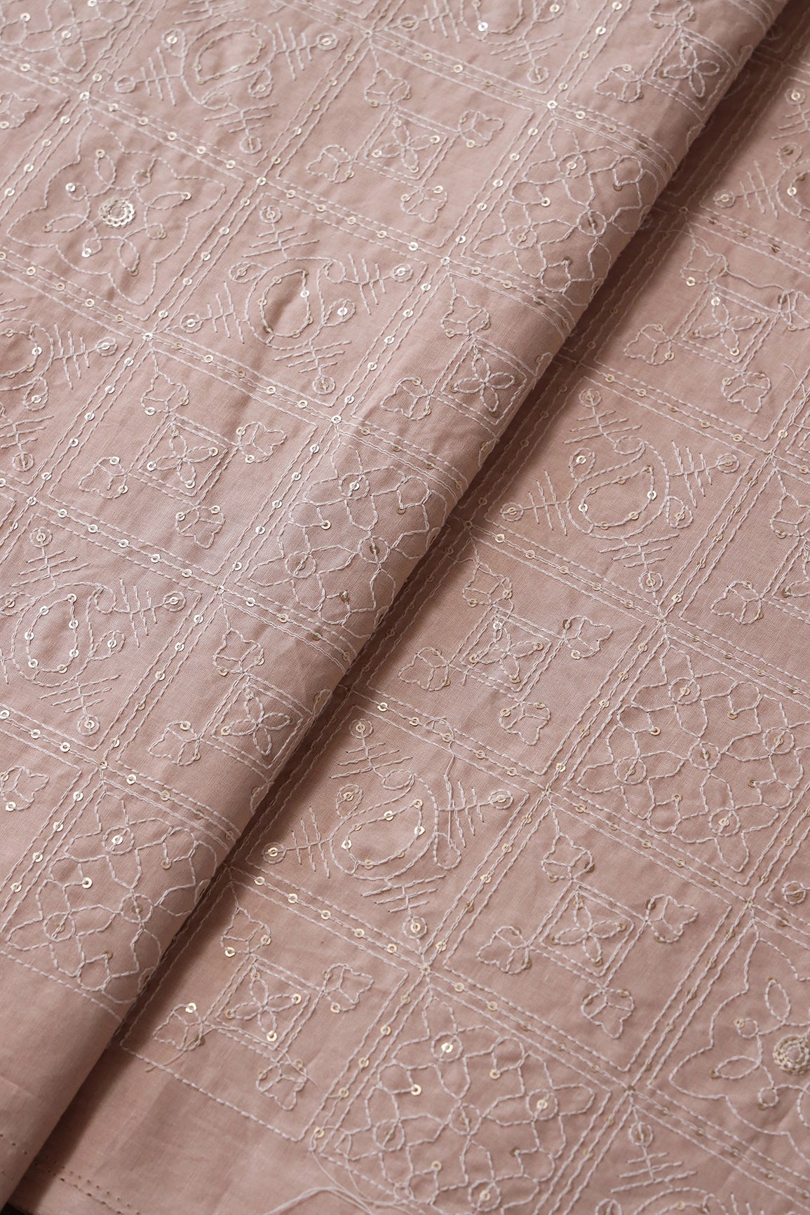 White Thread With Gold Sequins Geometric Embroidery Work On Beige Organic Cotton Fabric - doeraa