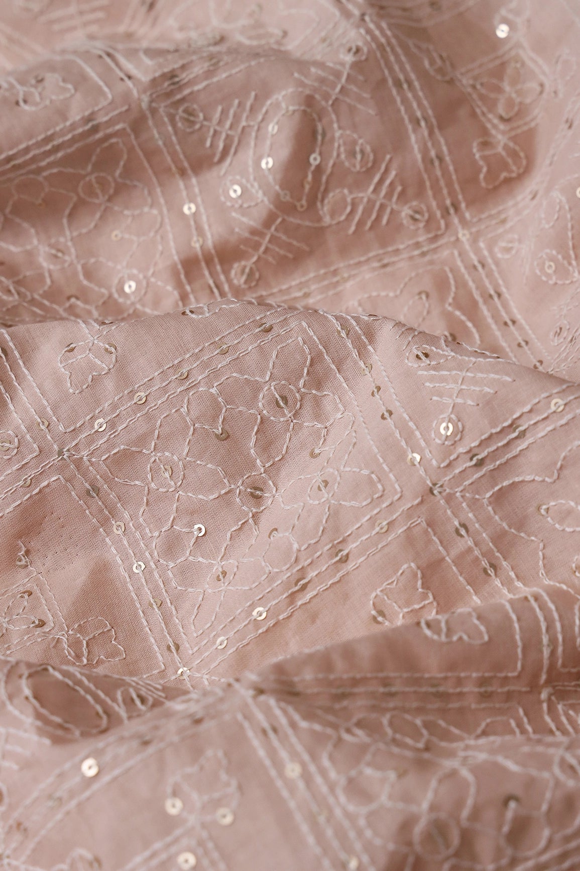 White Thread With Gold Sequins Geometric Embroidery Work On Beige Organic Cotton Fabric - doeraa