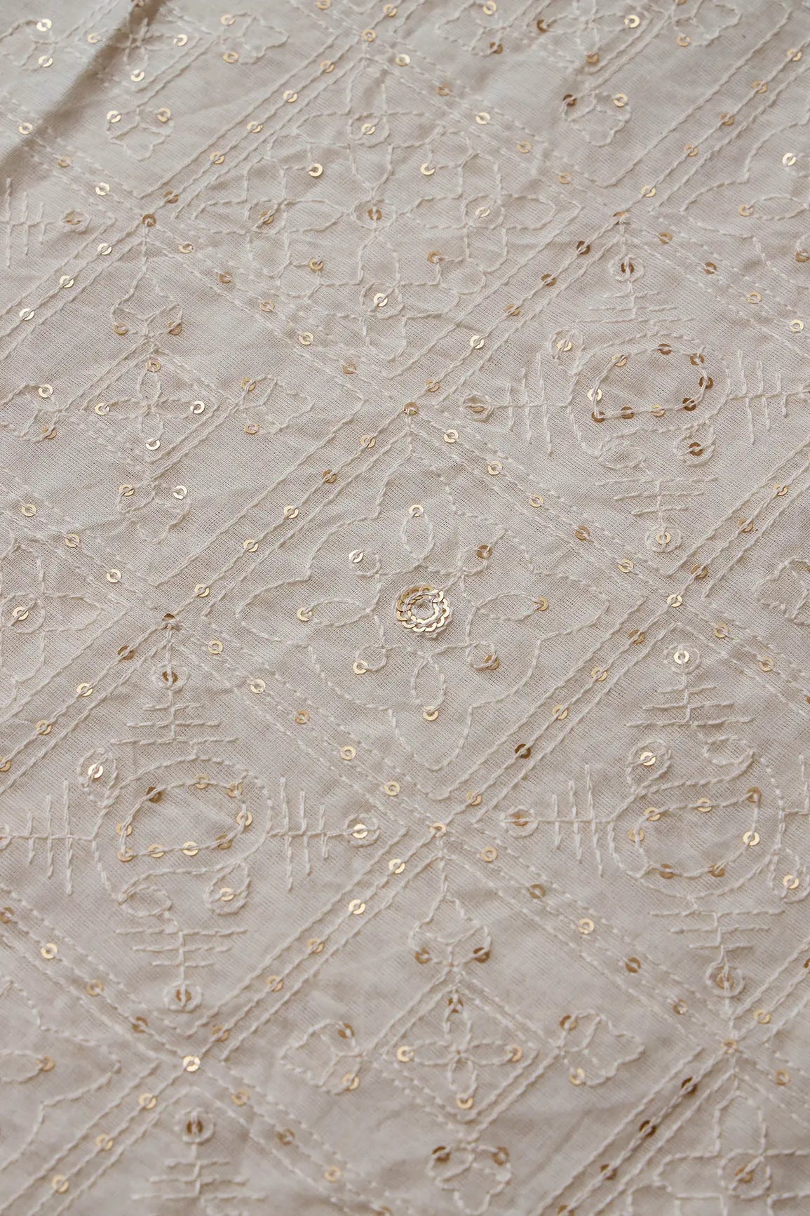 White Thread With Gold Sequins Geometric Embroidery Work On Off White Organic Cotton Fabric - doeraa