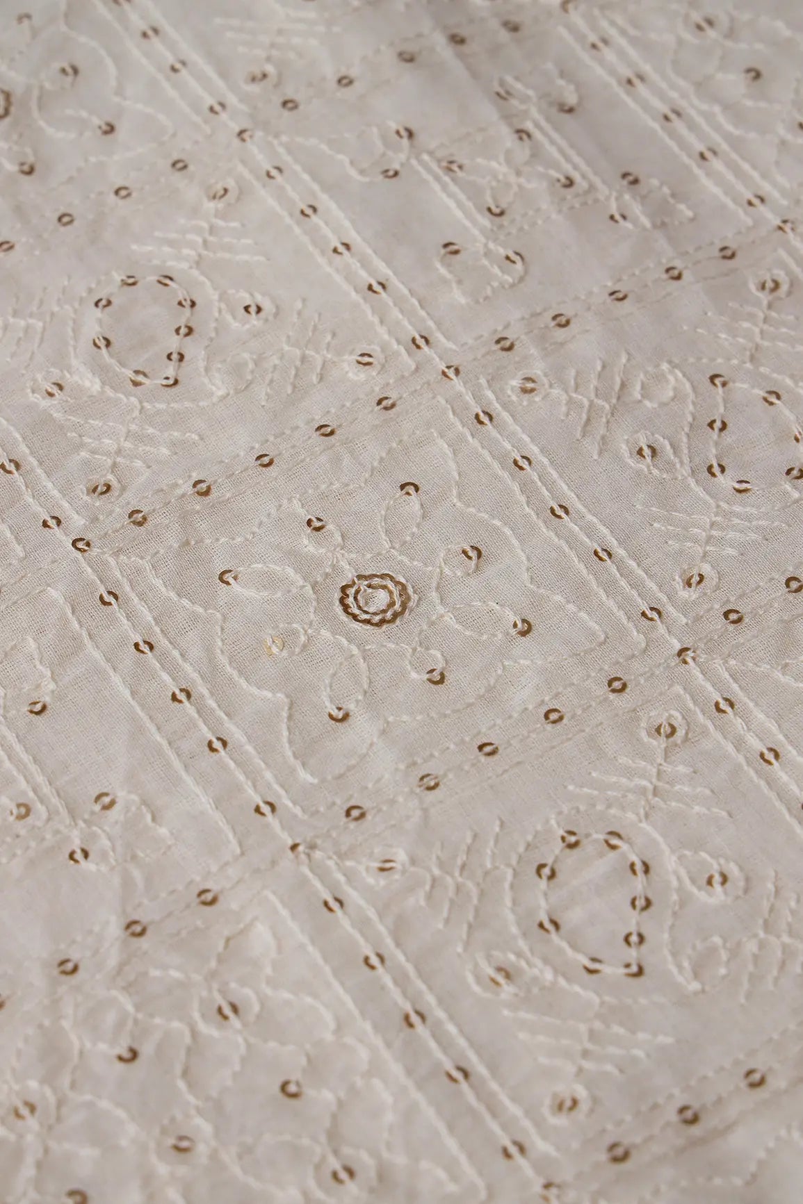 White Thread With Gold Sequins Geometric Embroidery Work On Off White Organic Cotton Fabric - doeraa