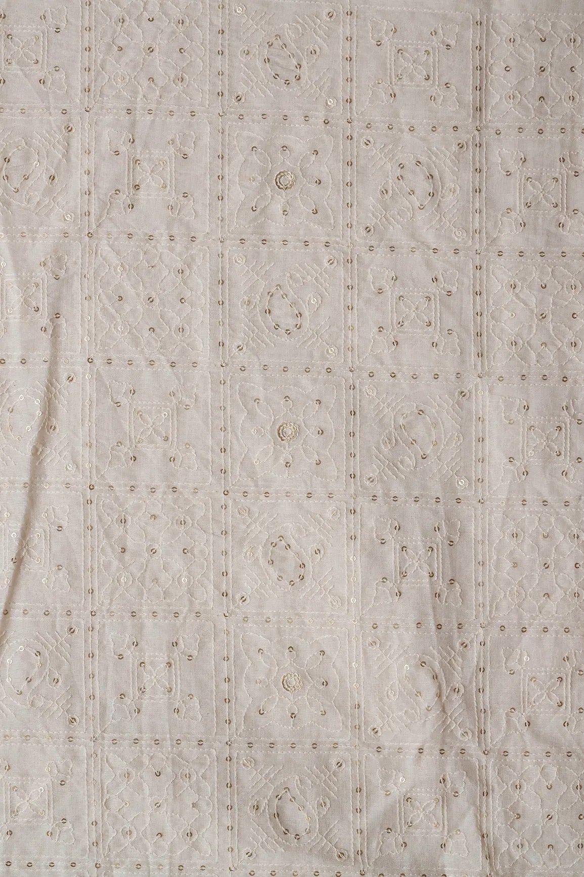 White Thread With Gold Sequins Geometric Embroidery Work On Off White Organic Cotton Fabric - doeraa