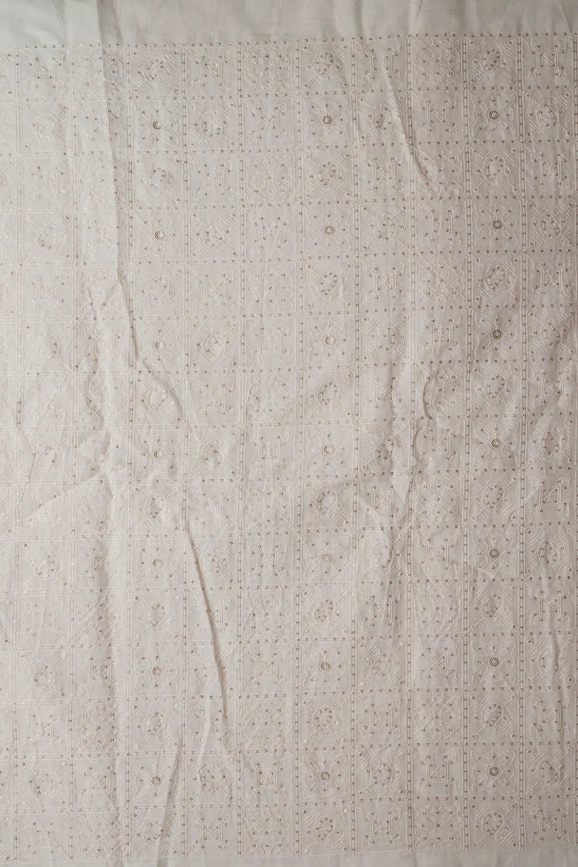 White Thread With Gold Sequins Geometric Embroidery Work On Off White Organic Cotton Fabric - doeraa