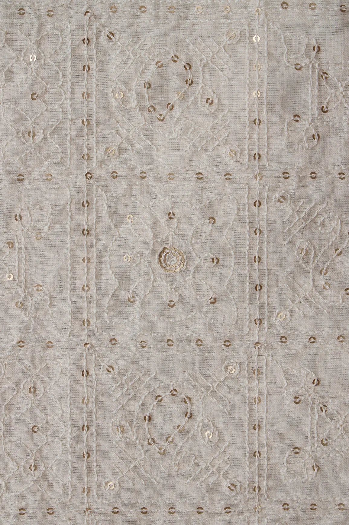 White Thread With Gold Sequins Geometric Embroidery Work On Off White Organic Cotton Fabric - doeraa