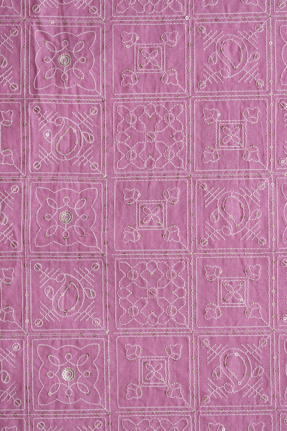 White Thread With Gold Sequins Geometric Embroidery Work On Pink Organic Cotton Fabric - doeraa