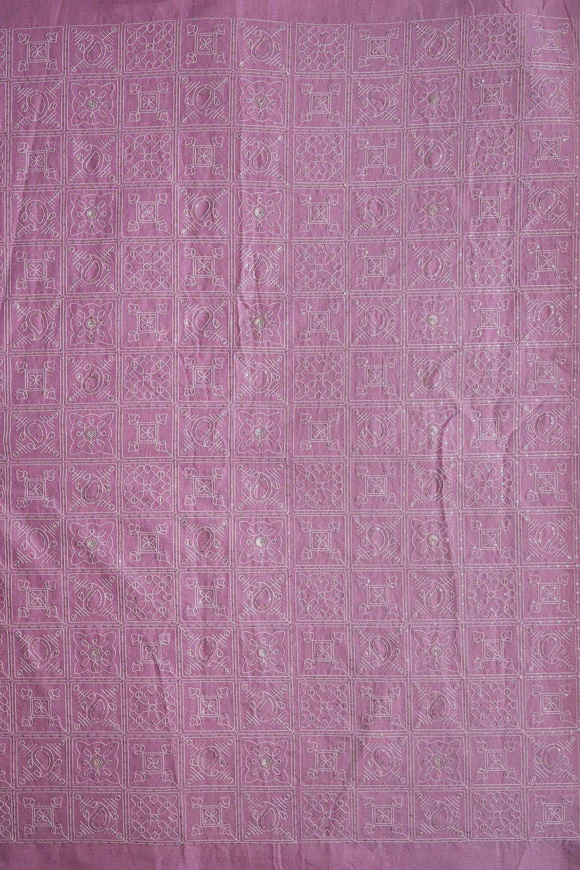 White Thread With Gold Sequins Geometric Embroidery Work On Pink Organic Cotton Fabric - doeraa
