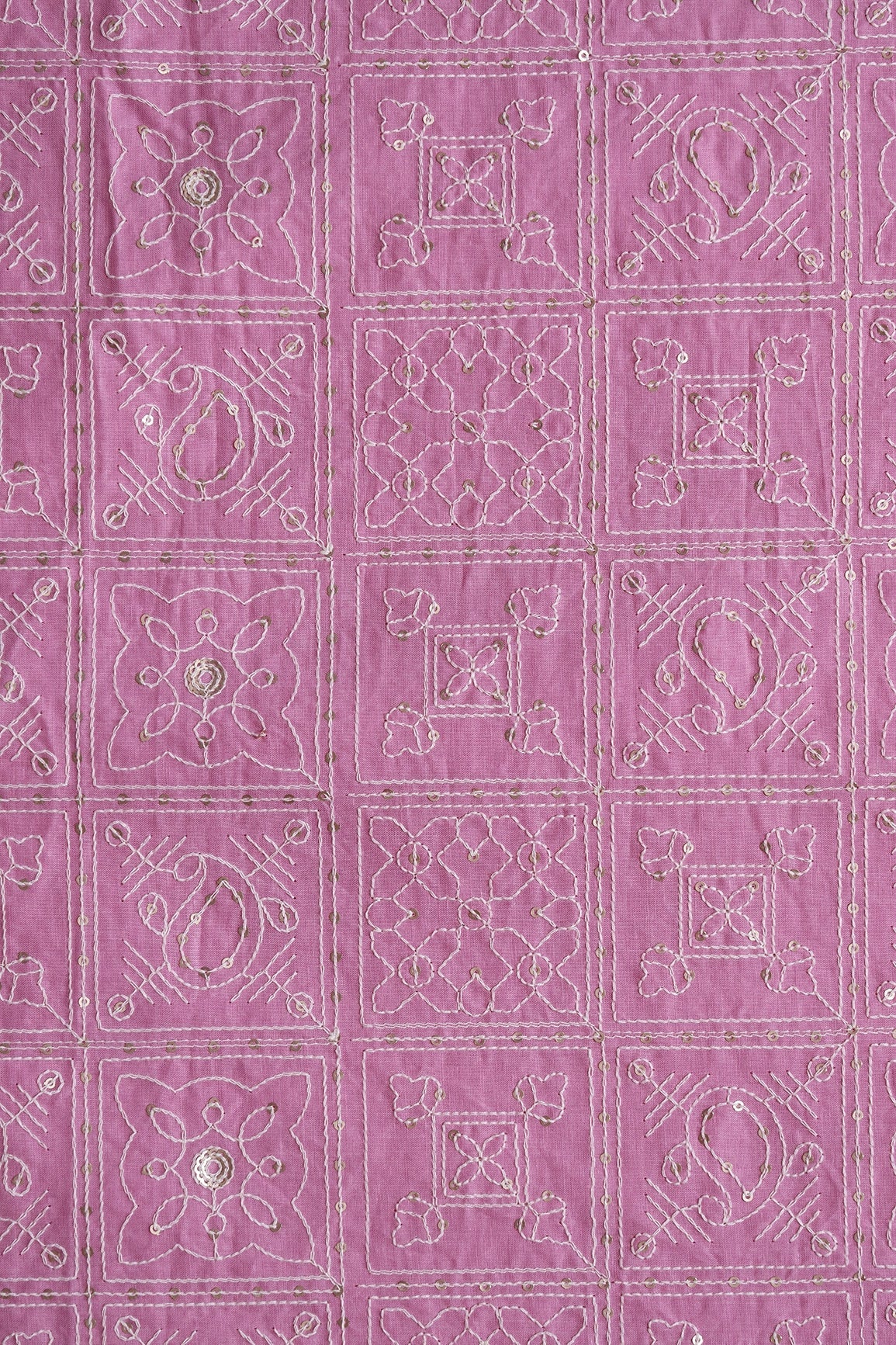 White Thread With Gold Sequins Geometric Embroidery Work On Pink Organic Cotton Fabric - doeraa