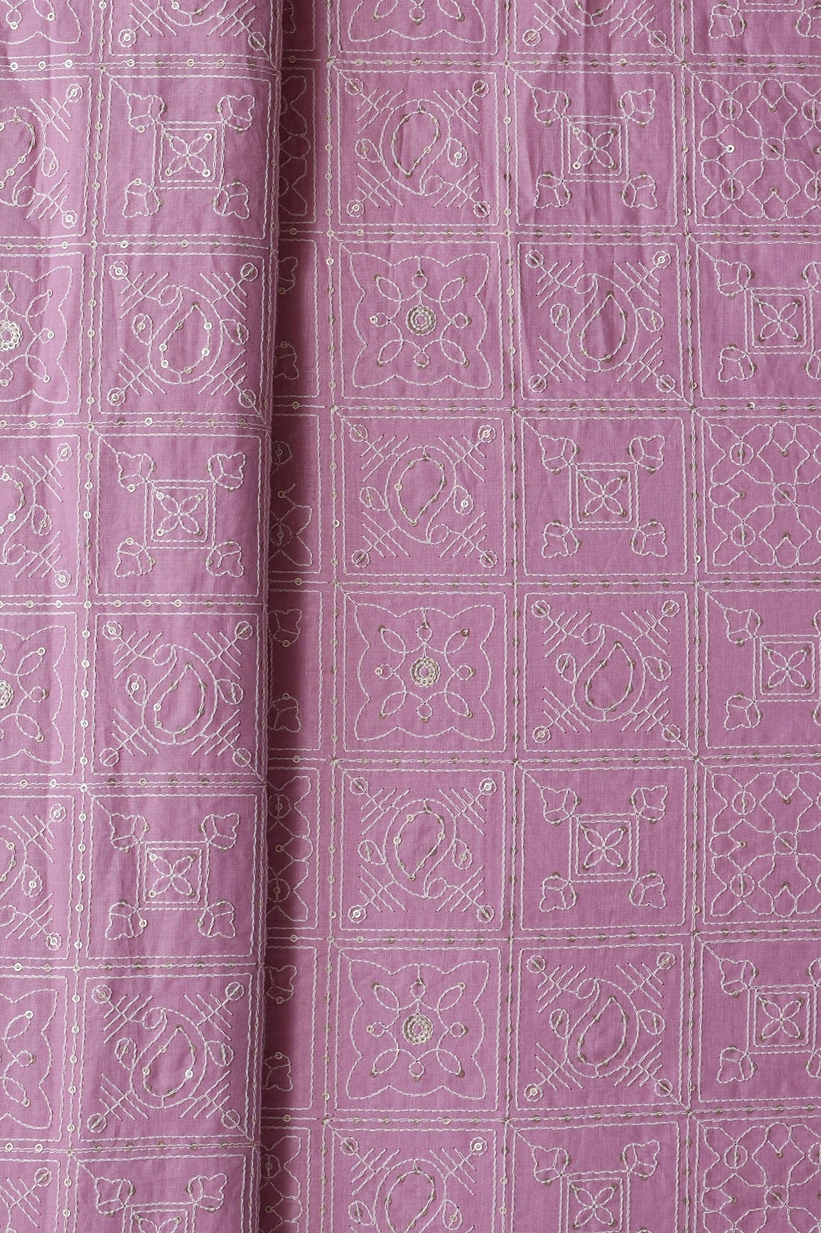 White Thread With Gold Sequins Geometric Embroidery Work On Pink Organic Cotton Fabric - doeraa