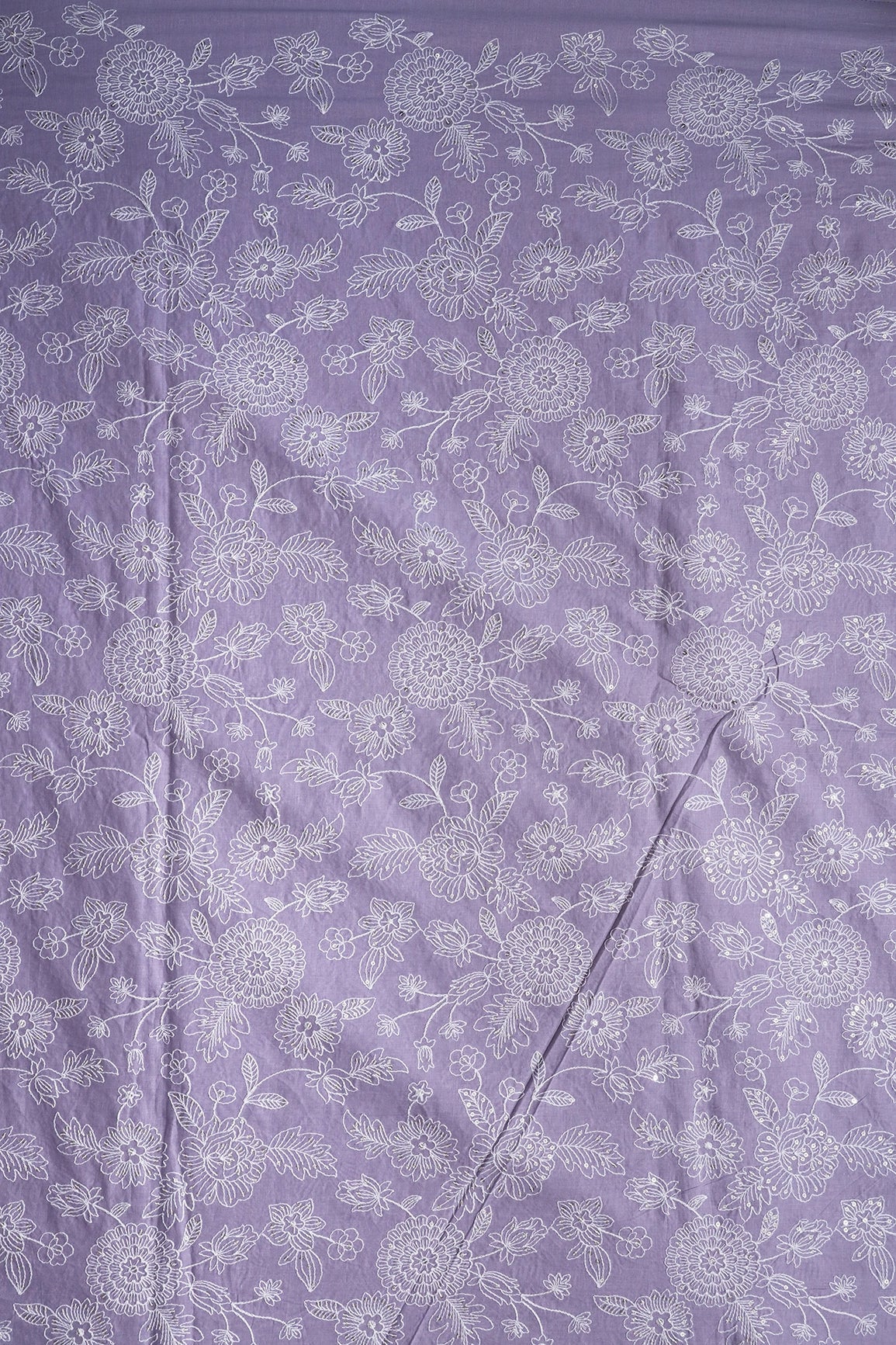 White Thread With Gold Sequins Heavy Floral Embroidery Work On Gray Purple Cotton Fabric - doeraa