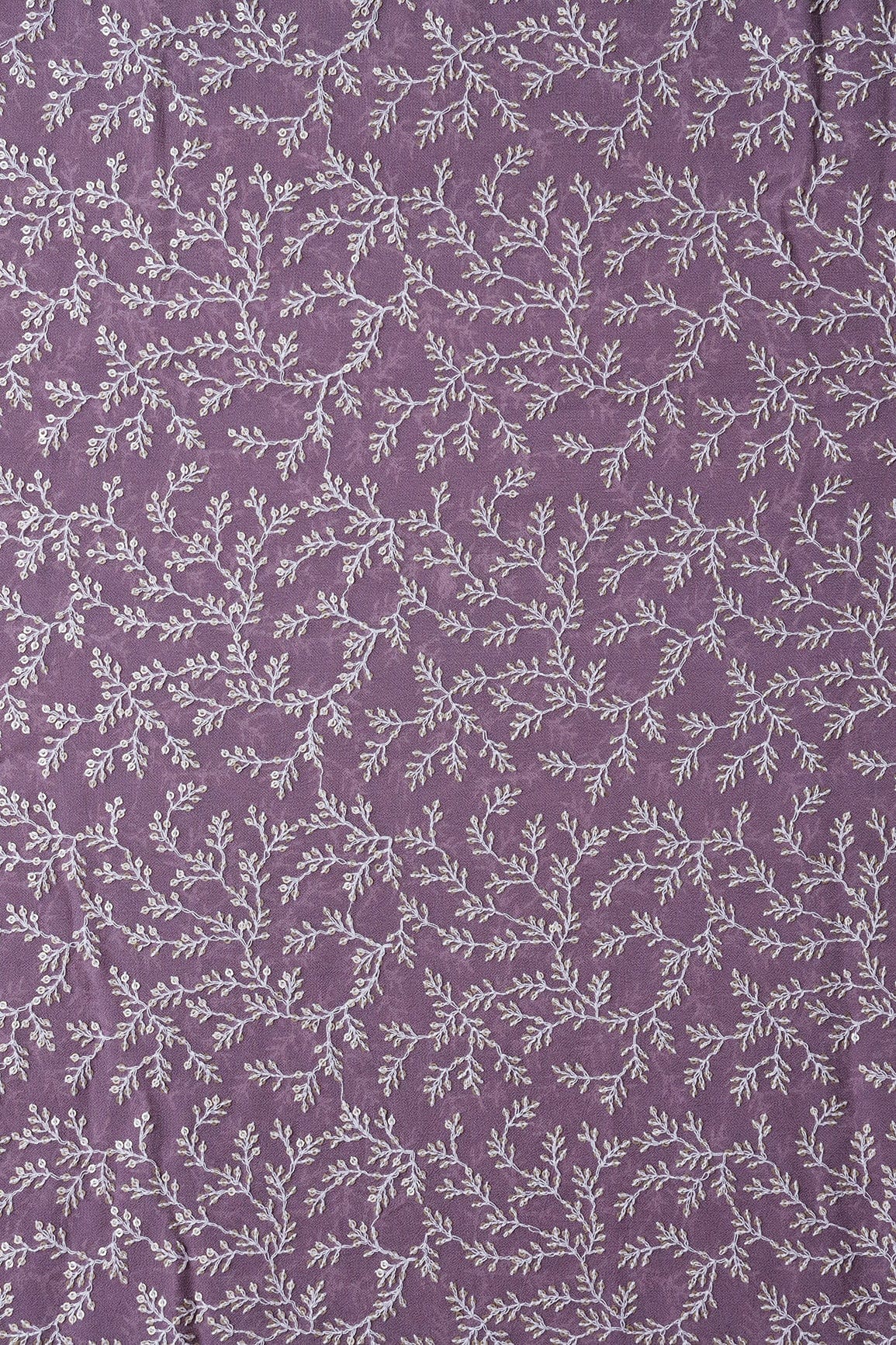 White Thread With Gold Sequins Lucknowi Leafy Embroidery Work On Mauve Viscose Georgette Fabric - doeraa