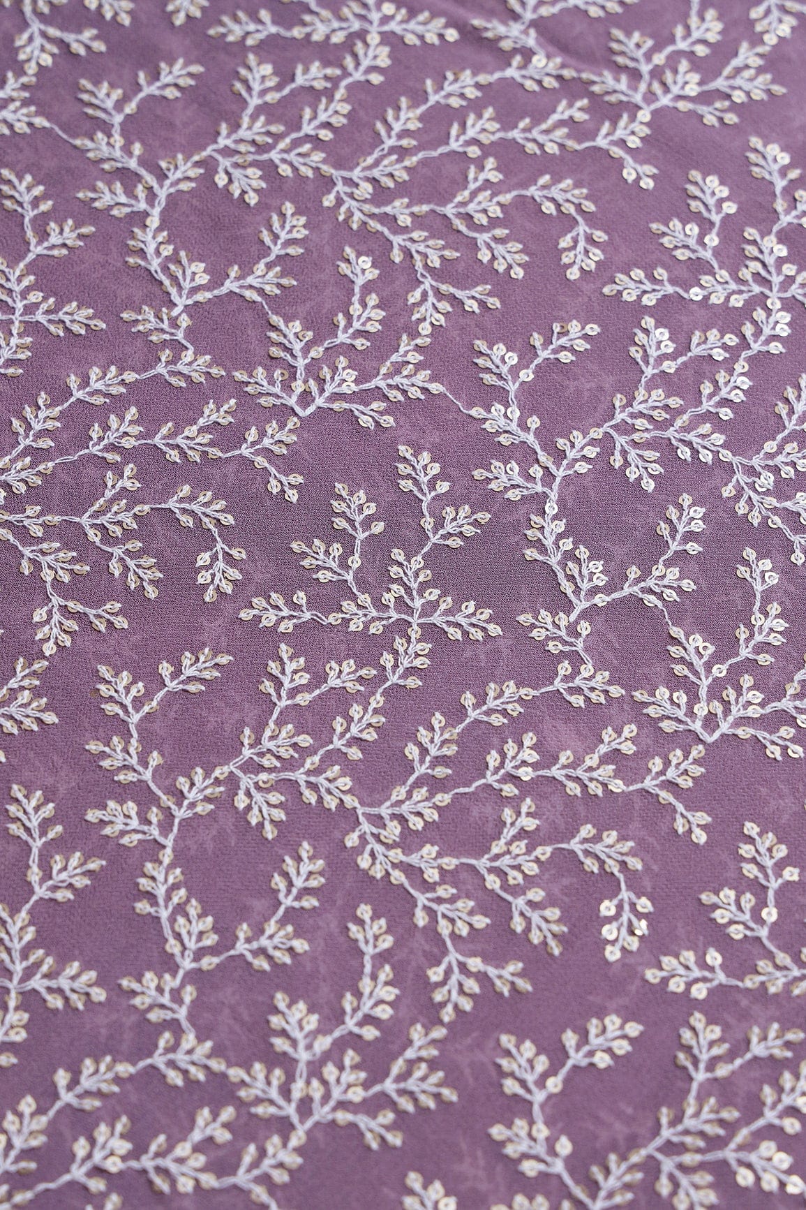White Thread With Gold Sequins Lucknowi Leafy Embroidery Work On Mauve Viscose Georgette Fabric - doeraa