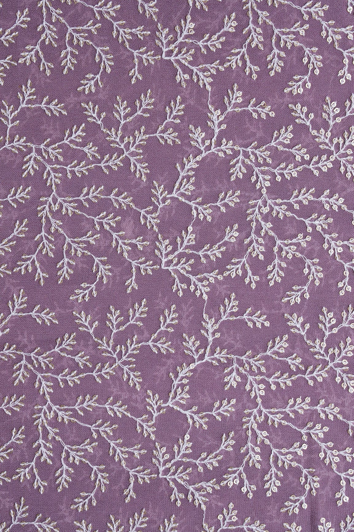 White Thread With Gold Sequins Lucknowi Leafy Embroidery Work On Mauve Viscose Georgette Fabric - doeraa
