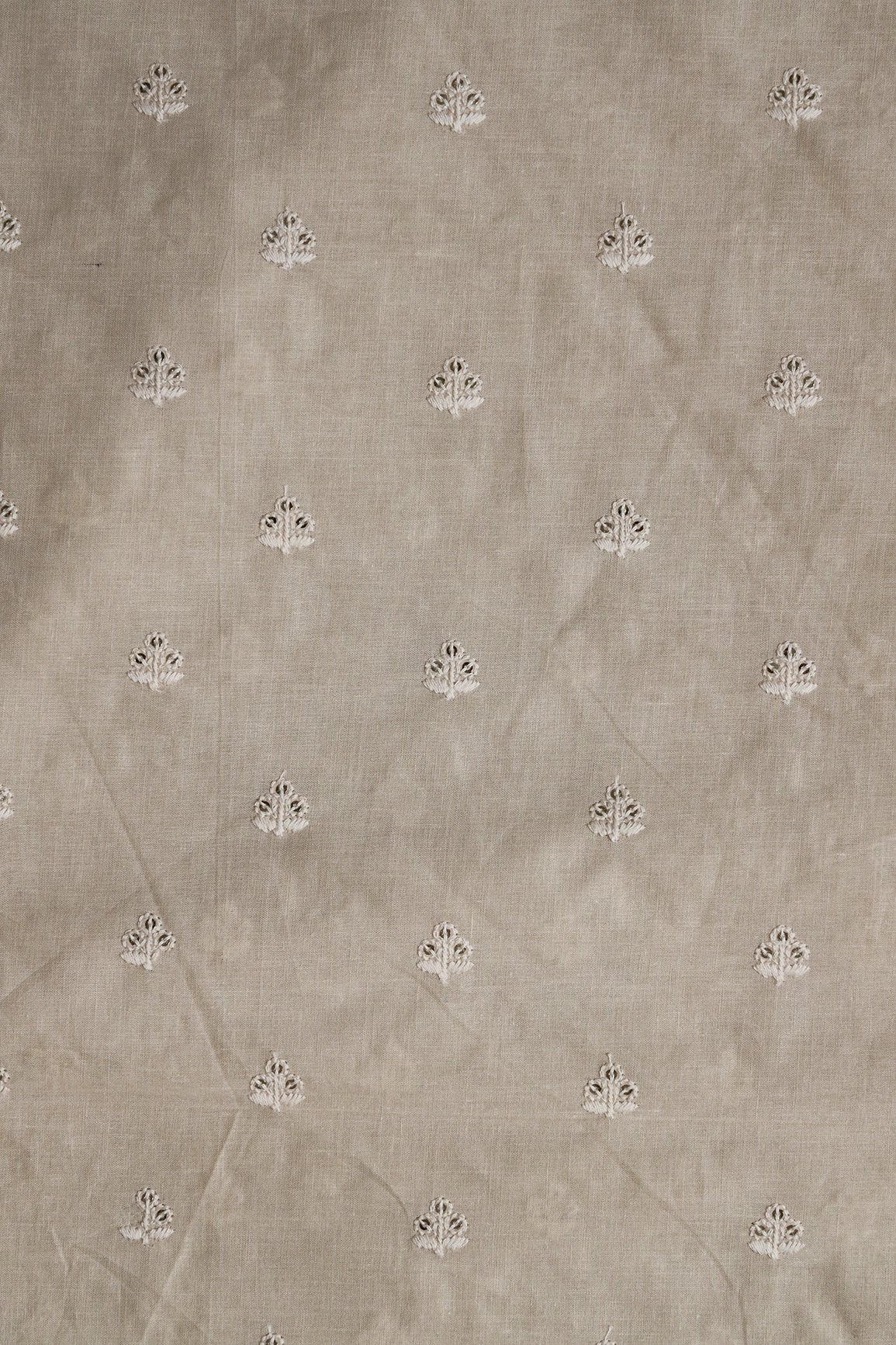 White Thread With Gold Sequins Small Floral Booti Embroidery Work On Cream Cotton Fabric - doeraa