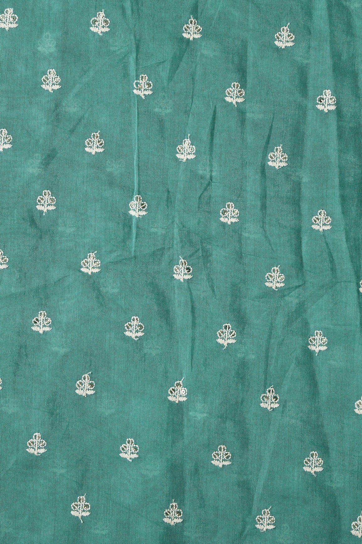 White Thread With Gold Sequins Small Floral Booti Embroidery Work On Teal Pure Chanderi Silk Fabric - doeraa