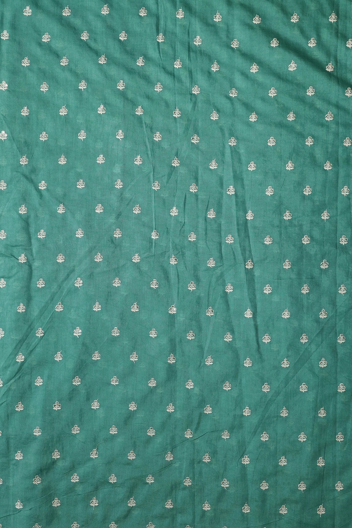 White Thread With Gold Sequins Small Floral Booti Embroidery Work On Teal Pure Chanderi Silk Fabric - doeraa