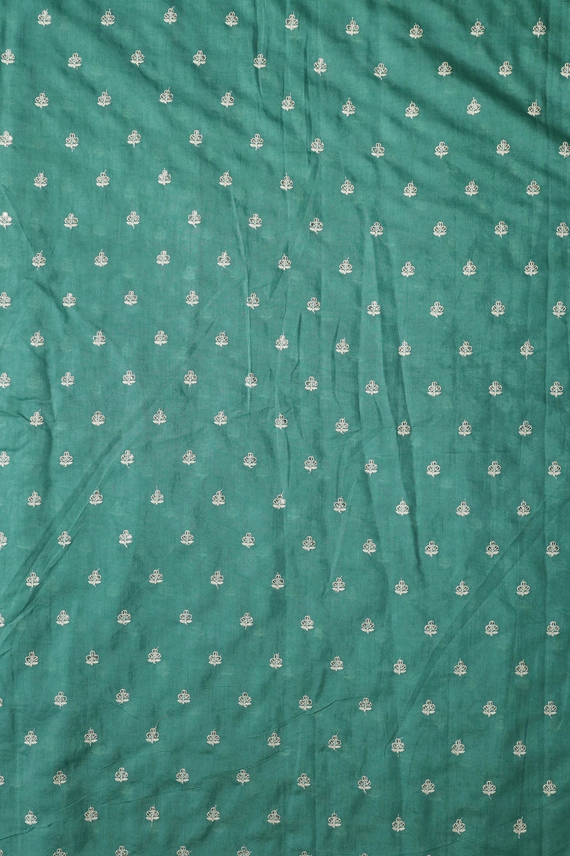 White Thread With Gold Sequins Small Floral Booti Embroidery Work On Teal Pure Chanderi Silk Fabric - doeraa