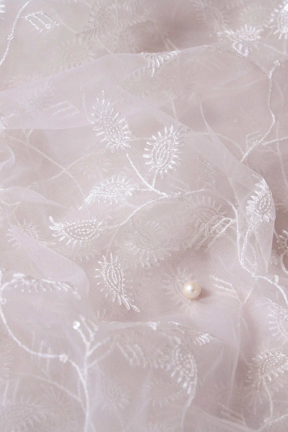 White Thread With Sequins Beautiful Leafy Embroidery On Dyeable White Soft Net Fabric - doeraa