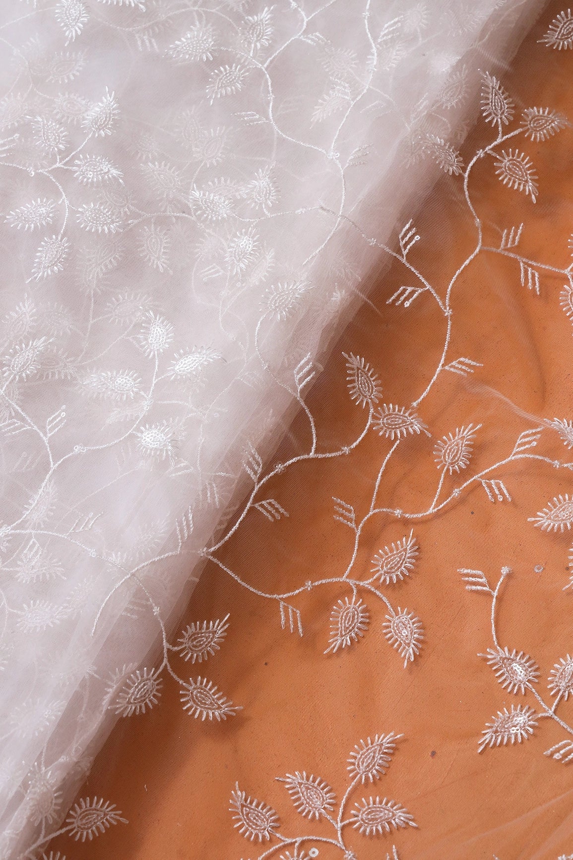 White Thread With Sequins Beautiful Leafy Embroidery On Dyeable White Soft Net Fabric - doeraa