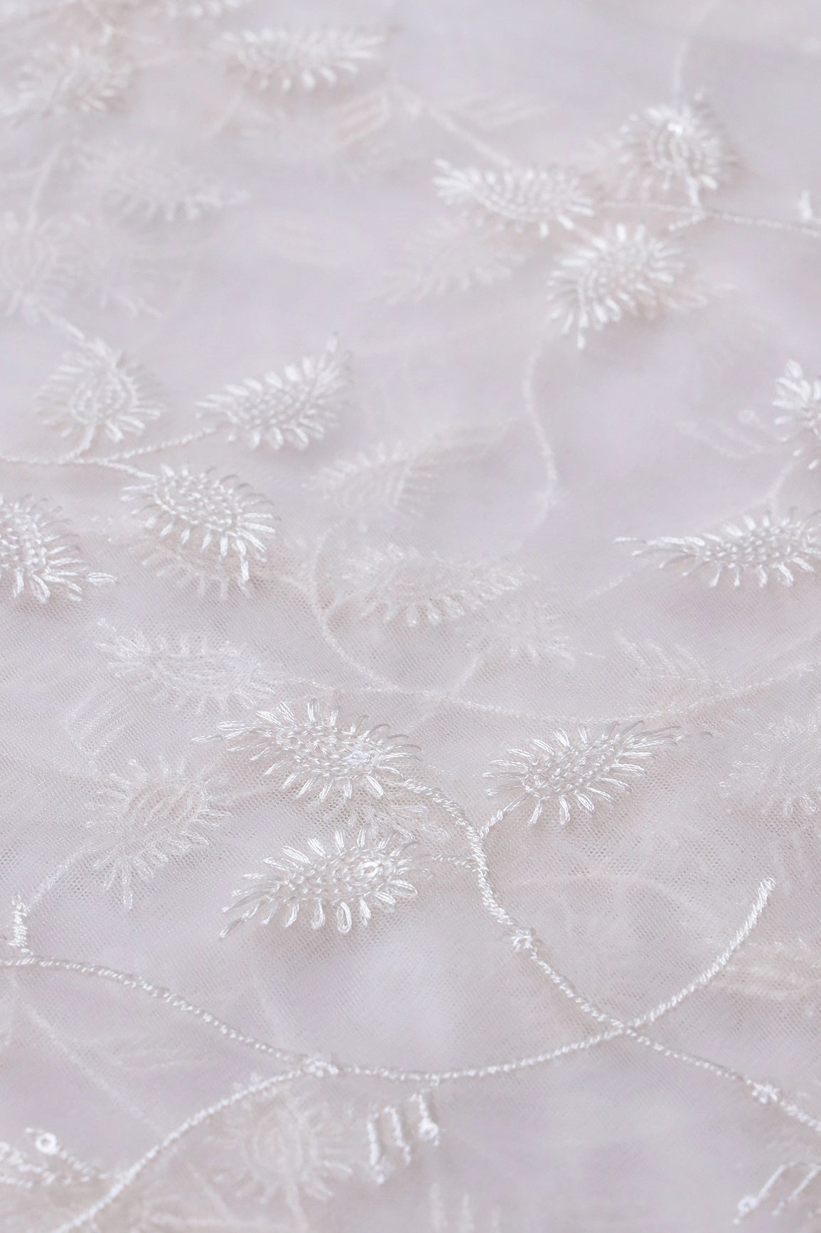 White Thread With Sequins Beautiful Leafy Embroidery On Dyeable White Soft Net Fabric - doeraa