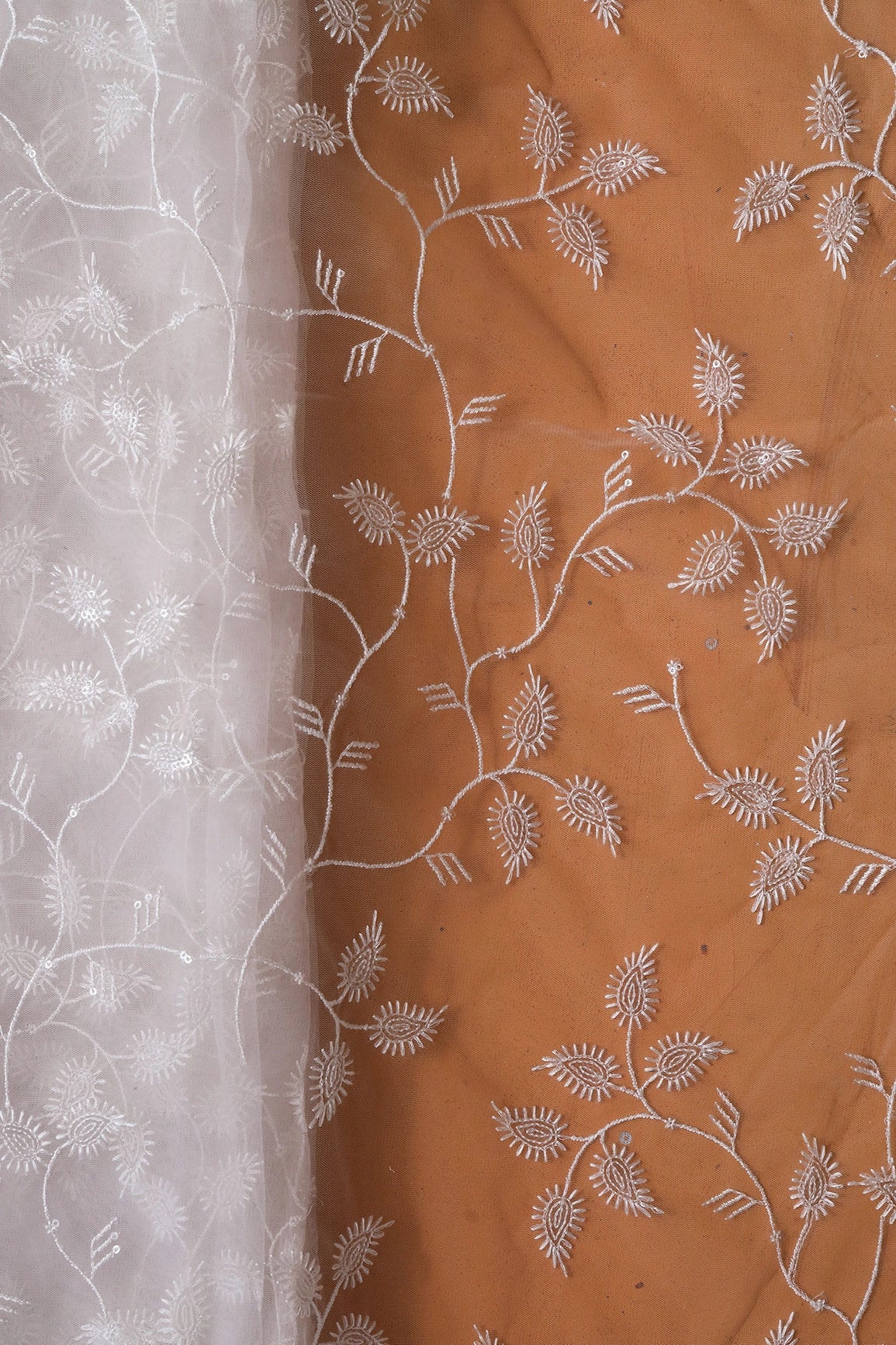 White Thread With Sequins Beautiful Leafy Embroidery On Dyeable White Soft Net Fabric - doeraa