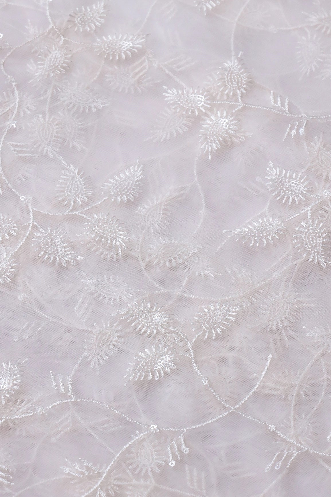 White Thread With Sequins Beautiful Leafy Embroidery On Dyeable White Soft Net Fabric - doeraa