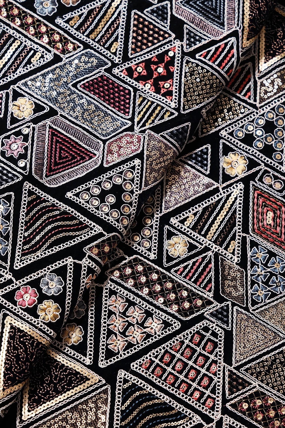 White Thread With Sequins Geometric Heavy Embroidery Work On Navy Blue Velvet Fabric - doeraa