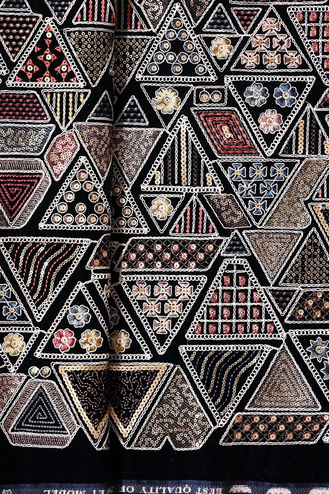 White Thread With Sequins Geometric Heavy Embroidery Work On Navy Blue Velvet Fabric - doeraa