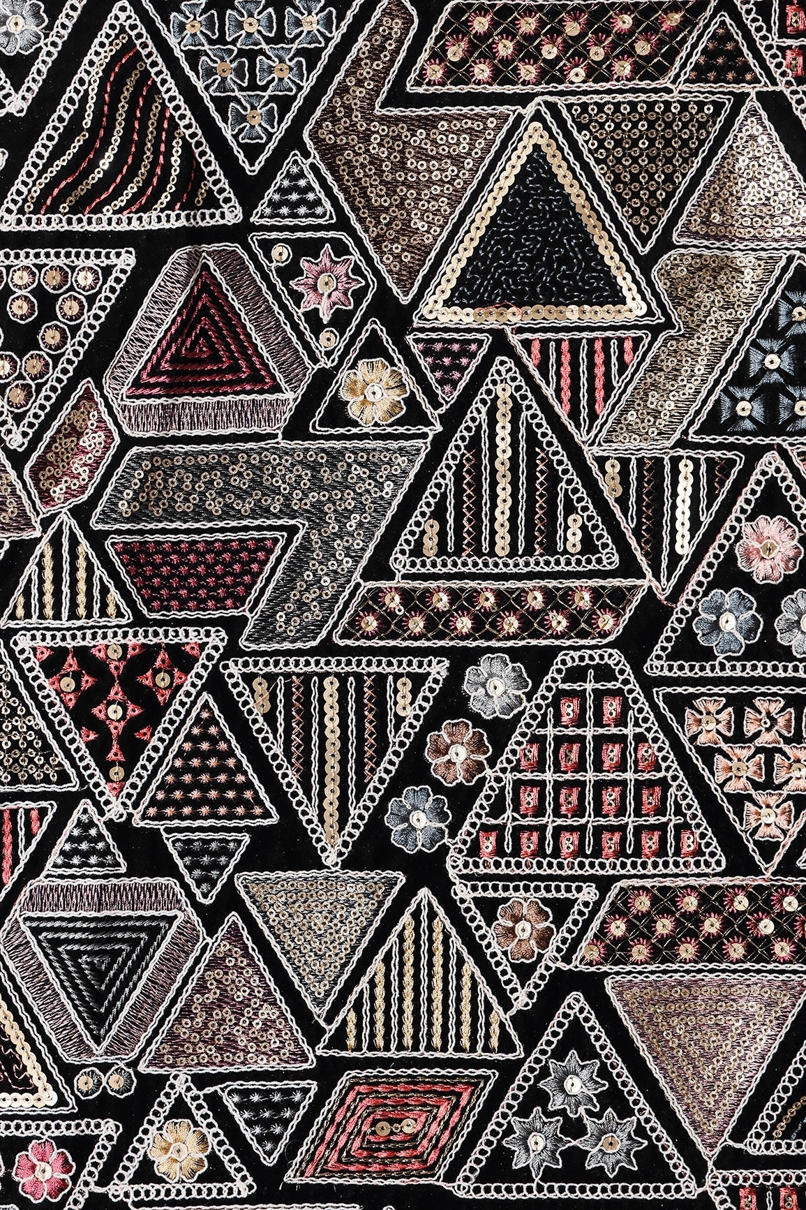 White Thread With Sequins Geometric Heavy Embroidery Work On Navy Blue Velvet Fabric - doeraa