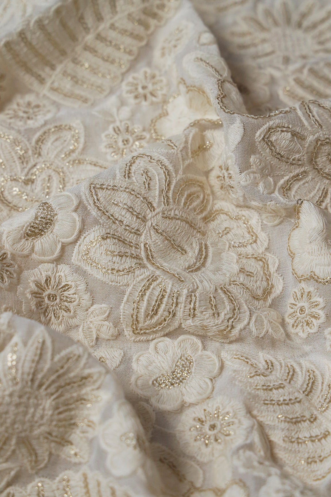 White Thread With Sequins Heavy Floral Embroidery On White Dyeable Viscose Georgette Fabric - doeraa