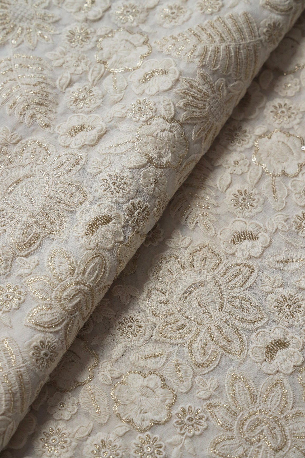 White Thread With Sequins Heavy Floral Embroidery On White Dyeable Viscose Georgette Fabric - doeraa