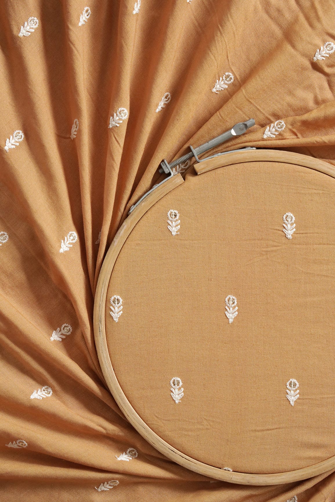 White Thread With Sequins Small Floral Motif Embroidery Work On Caramel Brown Muslin Fabric - doeraa