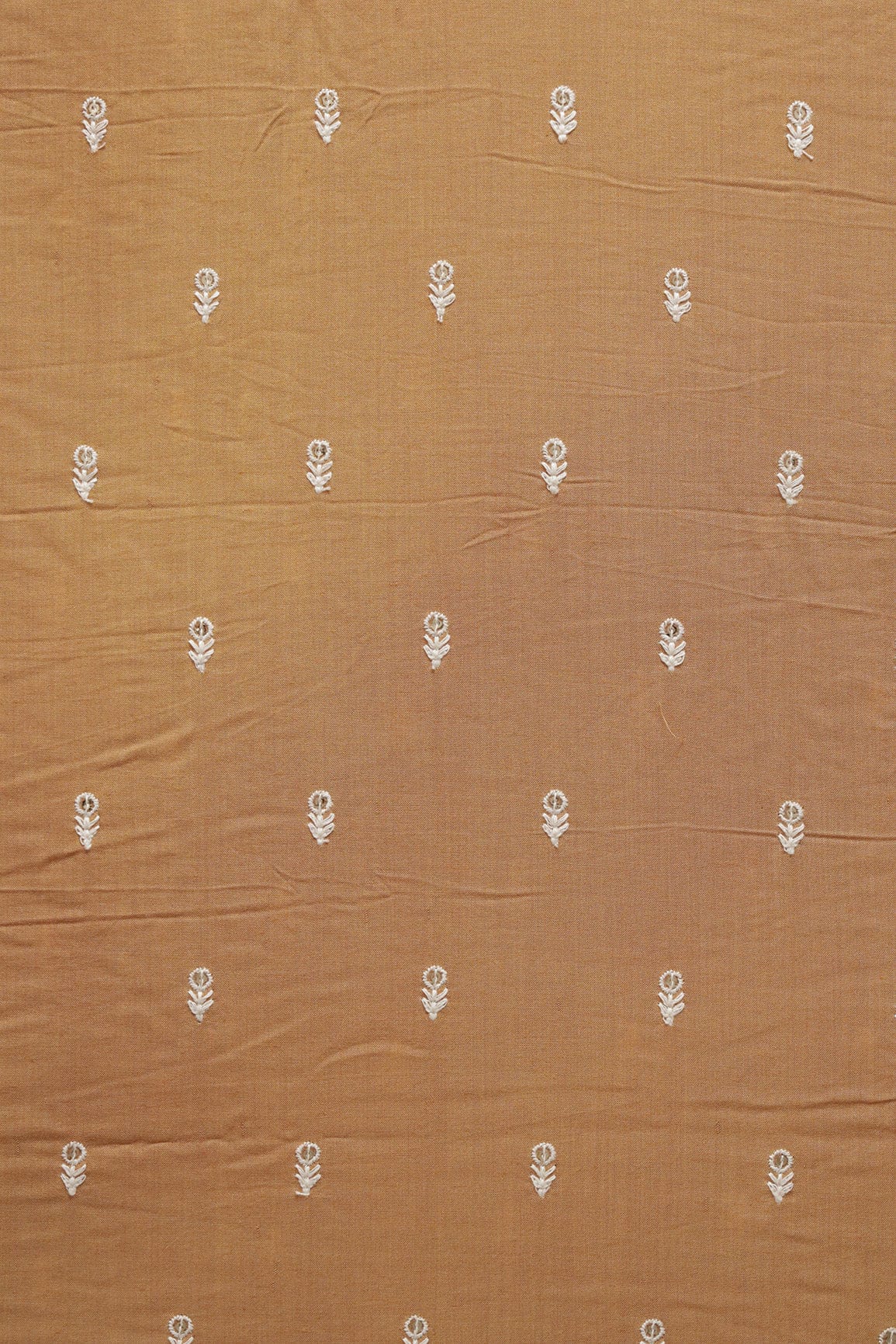 White Thread With Sequins Small Floral Motif Embroidery Work On Caramel Brown Muslin Fabric - doeraa