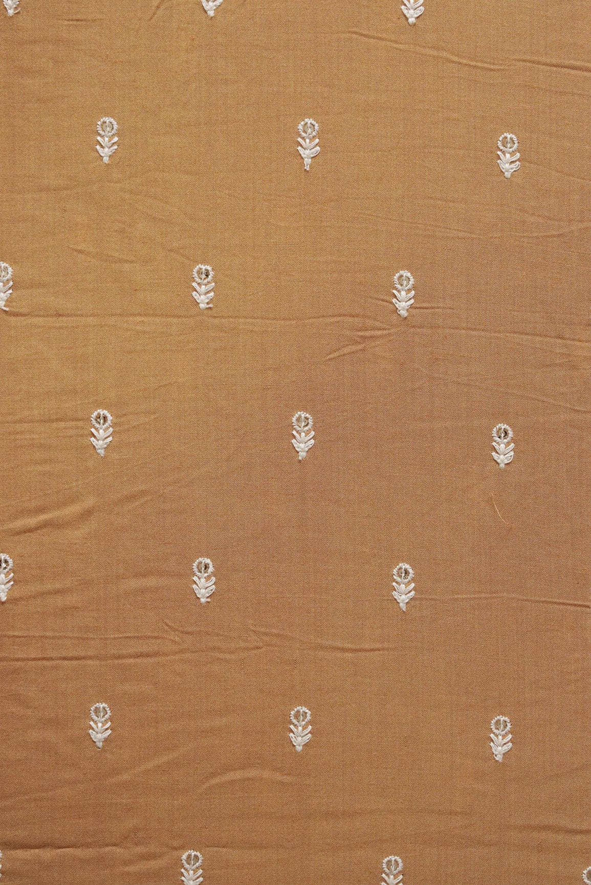 White Thread With Sequins Small Floral Motif Embroidery Work On Caramel Brown Muslin Fabric - doeraa