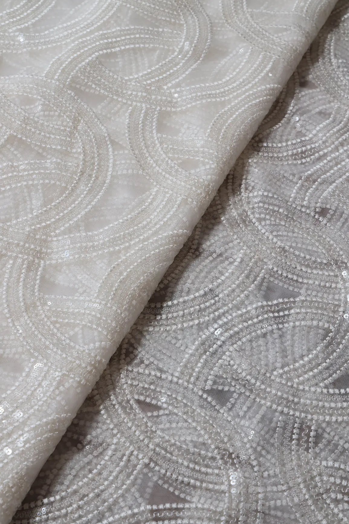 White Thread With Water Sequins Geometric Embroidery On Dyeable White Soft Net Fabric - doeraa