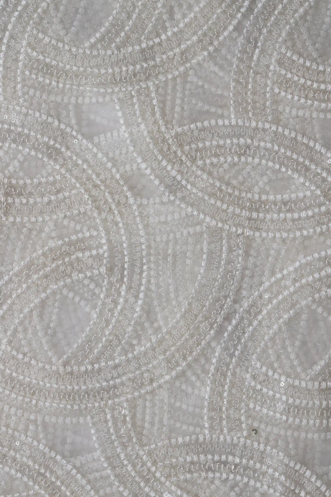 White Thread With Water Sequins Geometric Embroidery On Dyeable White Soft Net Fabric - doeraa