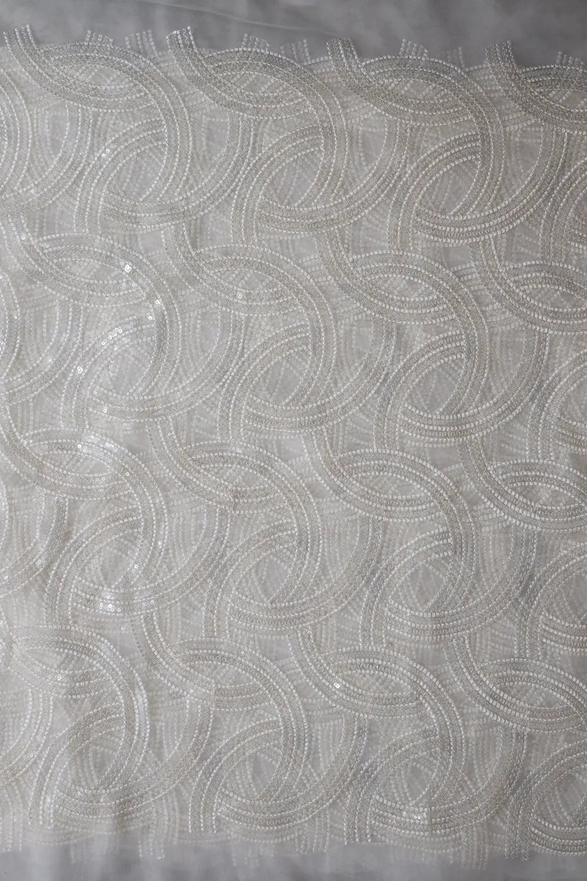 White Thread With Water Sequins Geometric Embroidery On Dyeable White Soft Net Fabric - doeraa