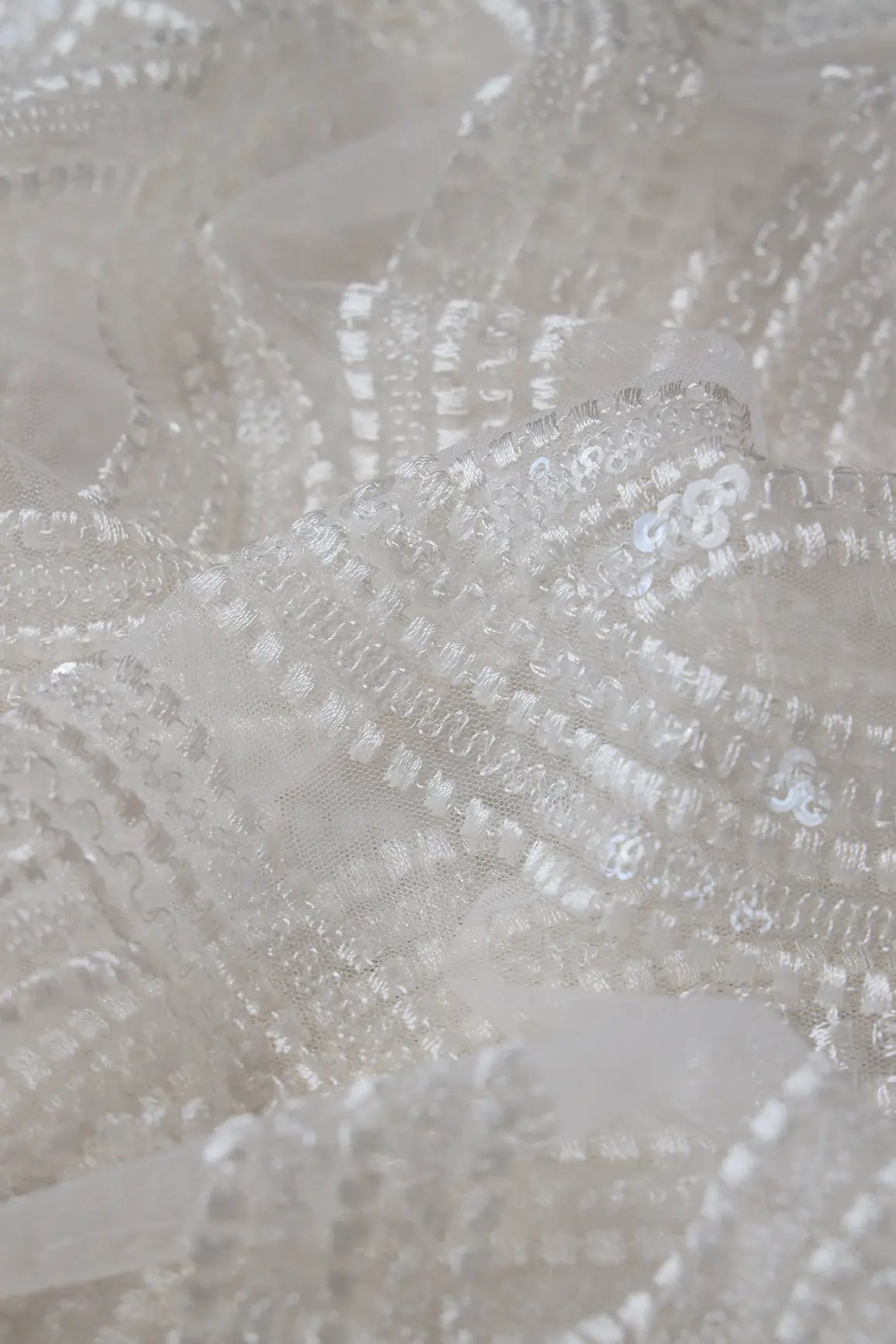 White Thread With Water Sequins Geometric Embroidery On Dyeable White Soft Net Fabric - doeraa