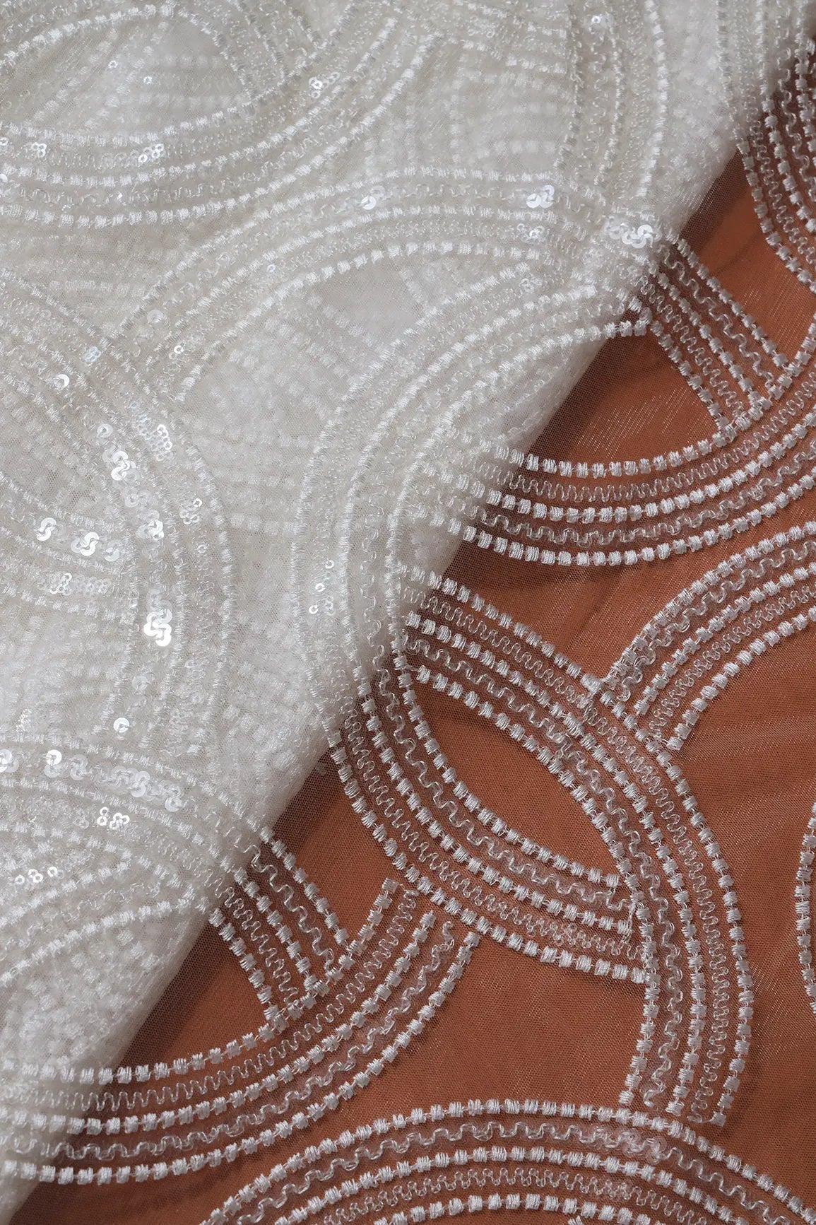 White Thread With Water Sequins Geometric Embroidery On Dyeable White Soft Net Fabric - doeraa