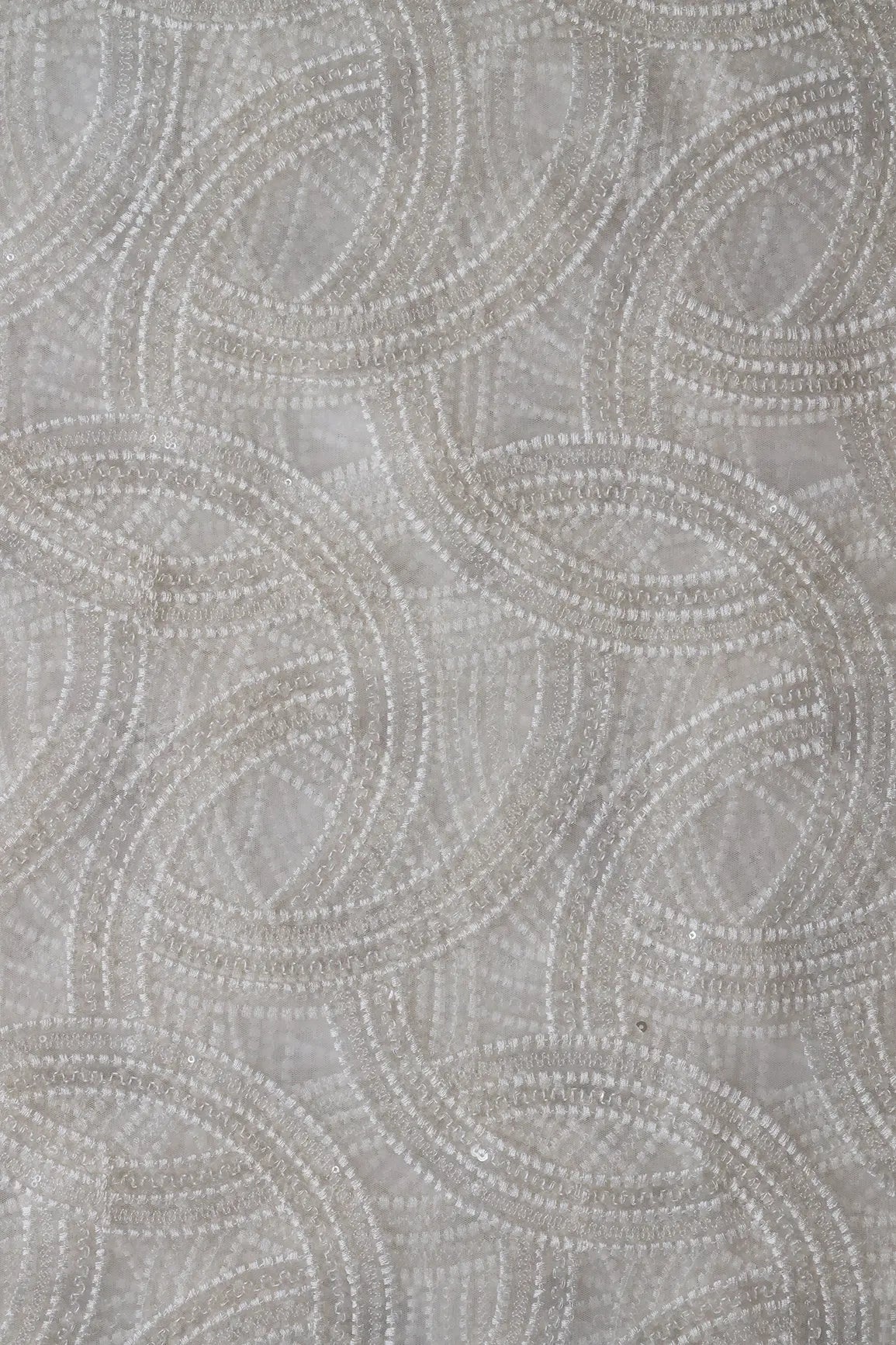White Thread With Water Sequins Geometric Embroidery On Dyeable White Soft Net Fabric - doeraa