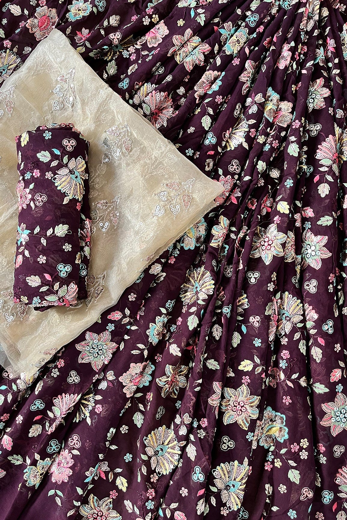 Wine And Beige Unstitched Lehenga Set Fabric (3 Piece) - doeraa