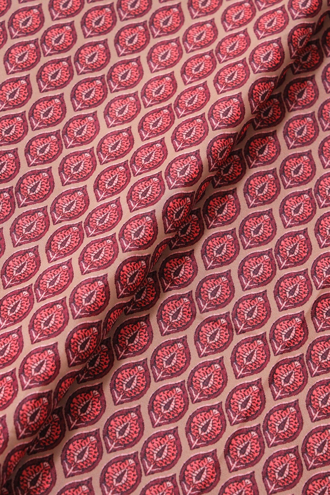Wine And Peach Ogee Pattern Digital Print On Light Brown Crepe Fabric - doeraa