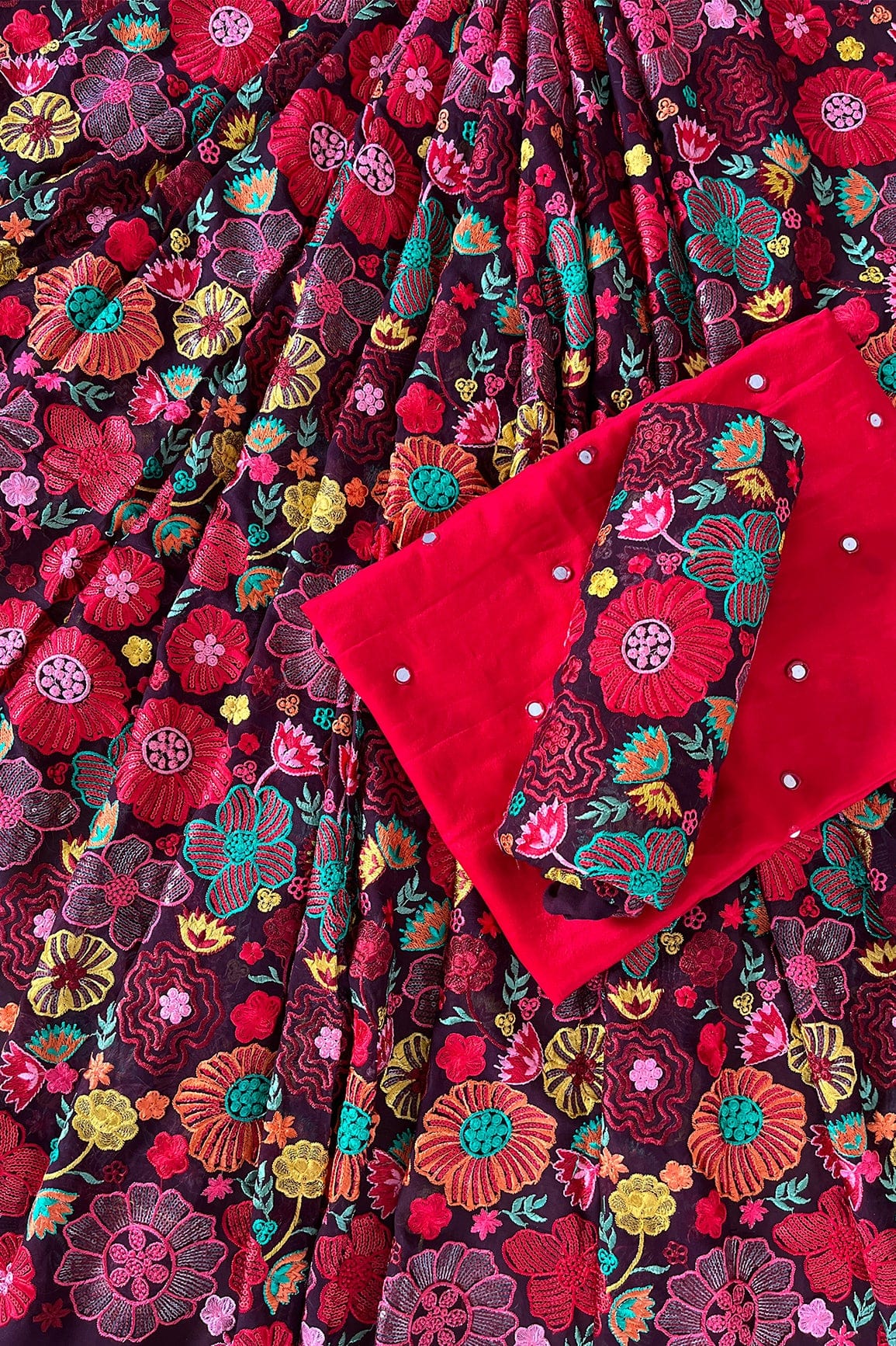 Wine And Red Unstitched Lehenga Set Fabric (3 Piece) - doeraa