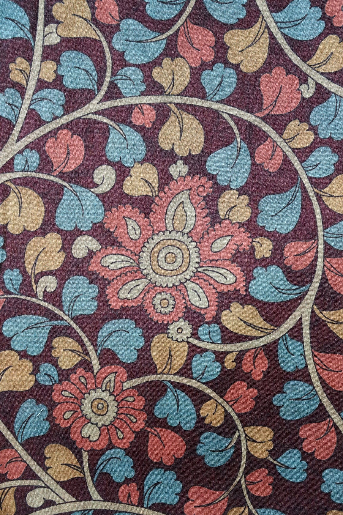 Wine And Tomato Red Floral Pattern Digital Print On Mulberry Silk Fabric - doeraa